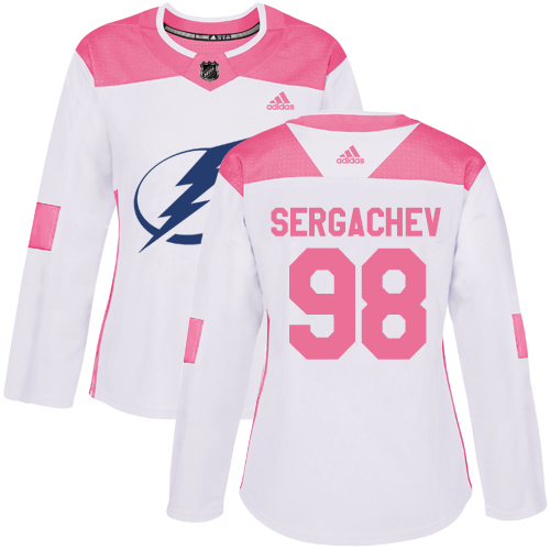Adidas Lightning #98 Mikhail Sergachev White/Pink Authentic Fashion Women's Stitched NHL Jersey - Click Image to Close